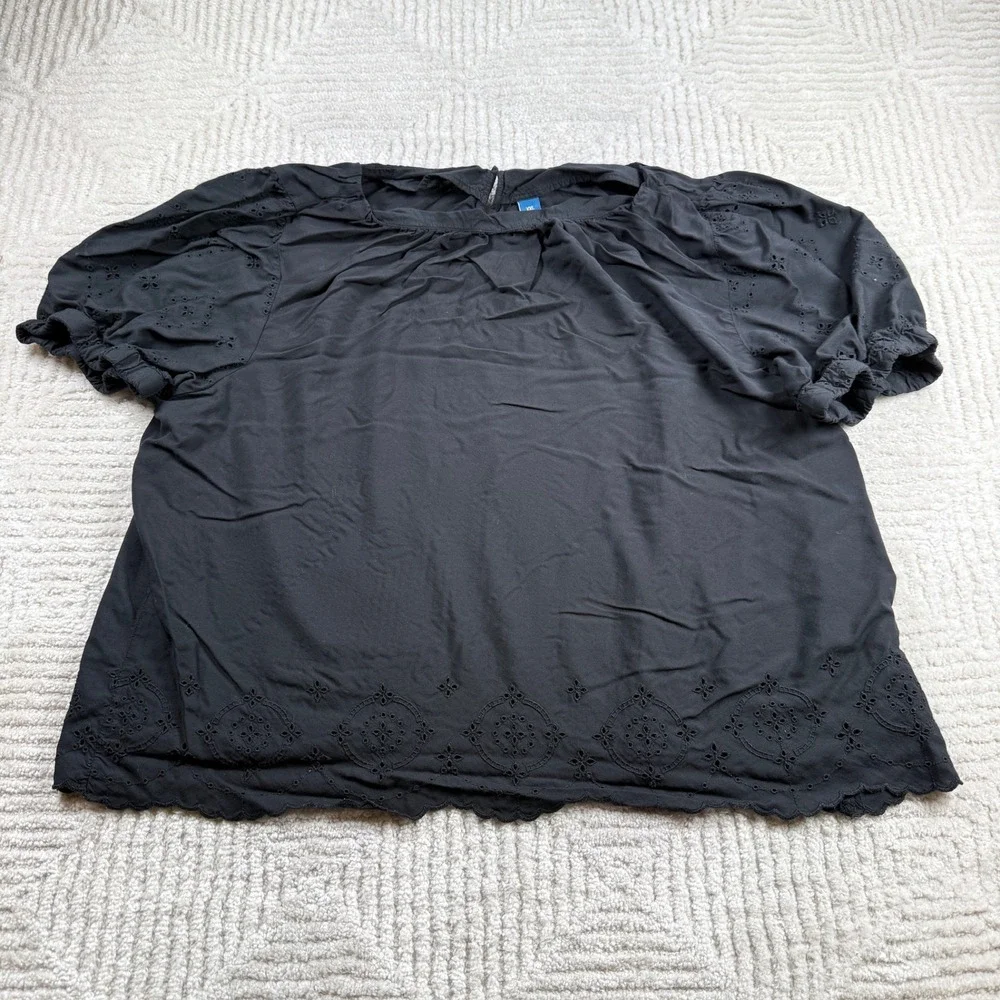 Old Navy Eyelet Blouse Women's XXL Black Puff Sleeve Cottagecore Boho Romantic